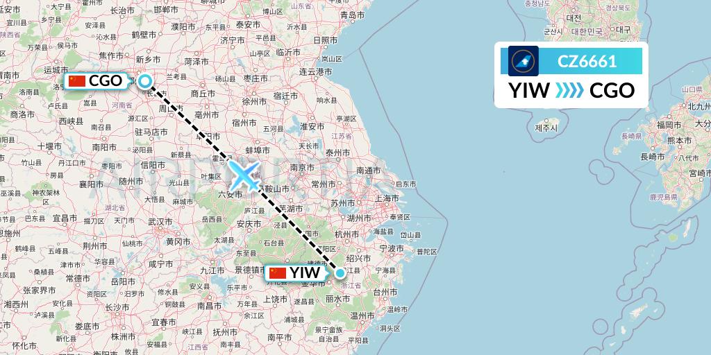 CZ6661 China Southern Airlines Flight Map: Yiwu to Zhengzhou
