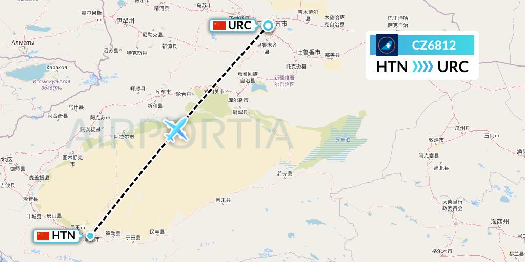CZ6812 China Southern Airlines Flight Map: Hotan to Urumqi