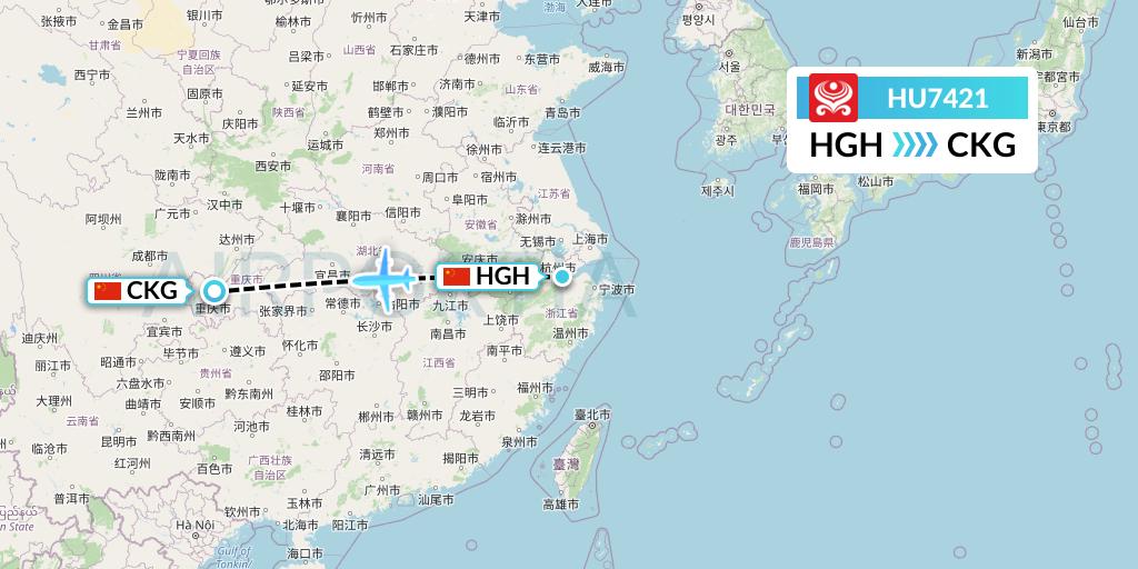HU7421 Hainan Airlines Flight Map: Hangzhou to Chongqing