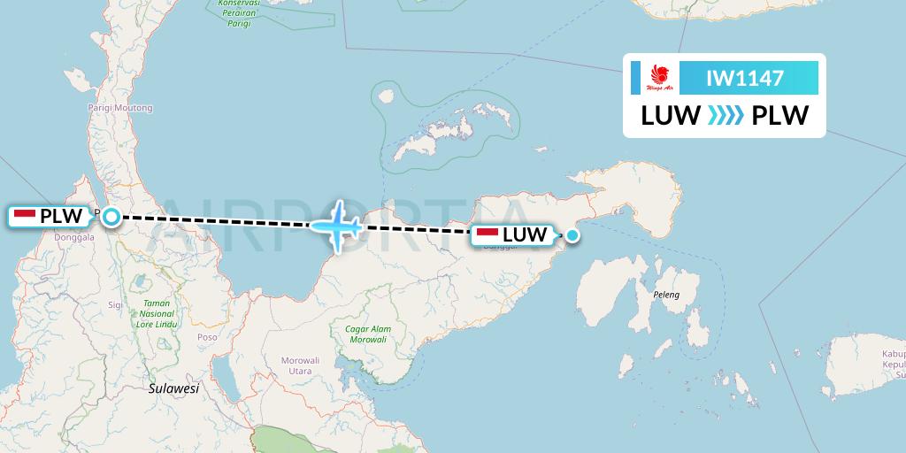 IW1147 Wings Air Flight Map: Luwuk to Palu