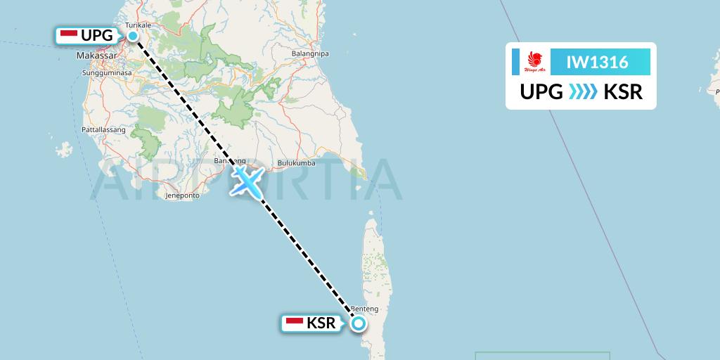 IW1316 Wings Air Flight Map: Makassar to Sulawesi