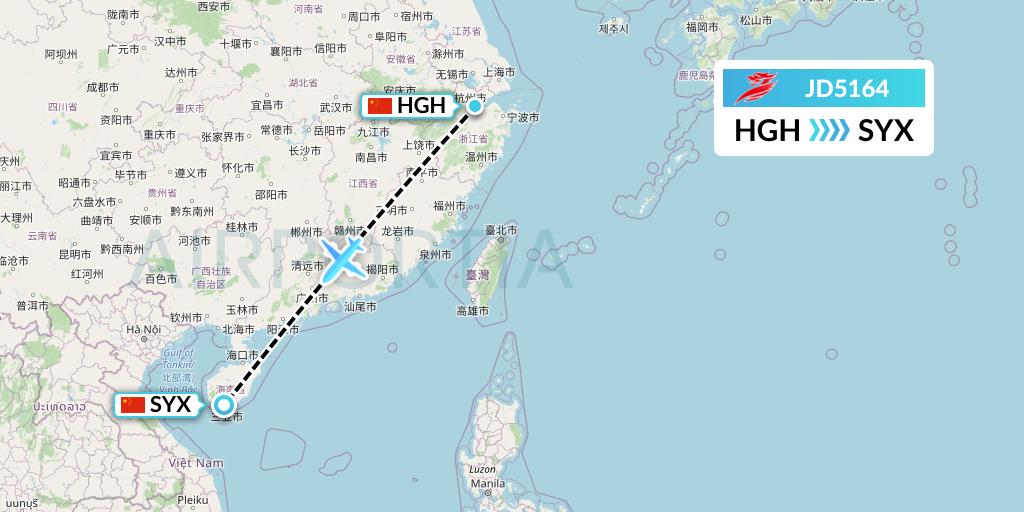 JD5164 Capital Airlines Flight Map: Hangzhou to Sanya