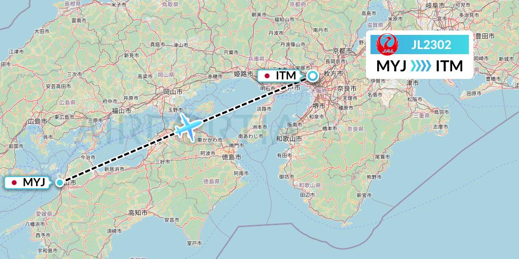 JL2302 Japan Airlines Flight Map: Matsuyama to Osaka