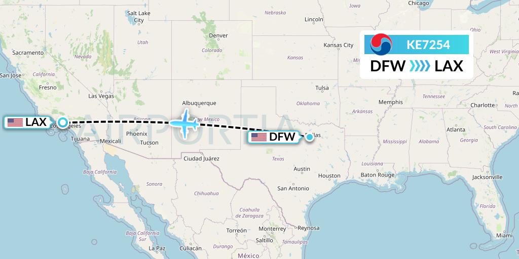 KE7254 Korean Air Flight Map: Dallas to Los Angeles