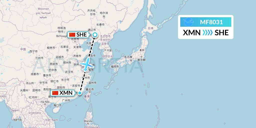 MF8031 Xiamen Airlines Flight Map: Xiamen to Shenyang