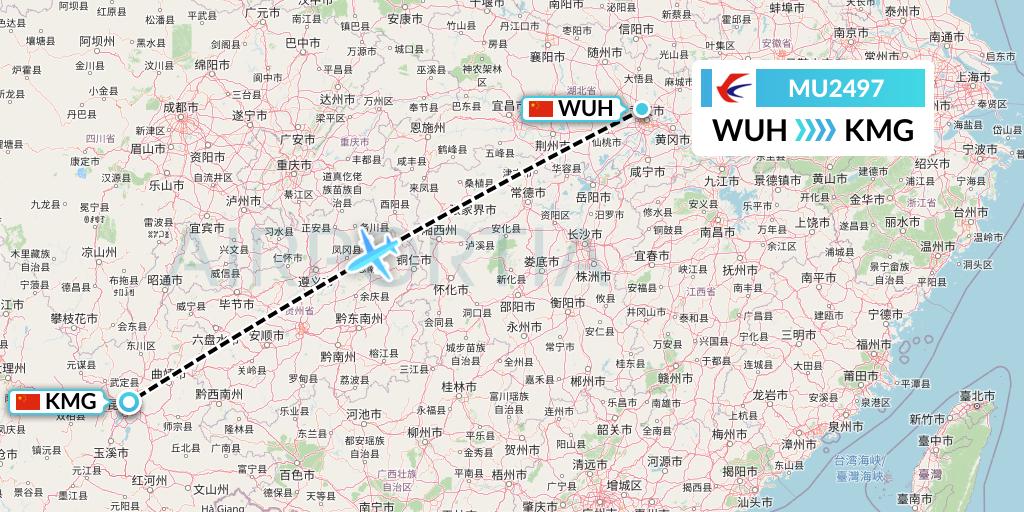 MU2497 China Eastern Airlines Flight Map: Wuhan to Kunming