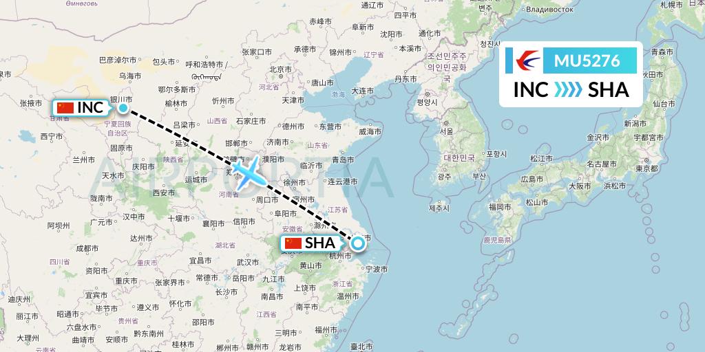 MU5276 China Eastern Airlines Flight Map: Yinchuan to Shanghai