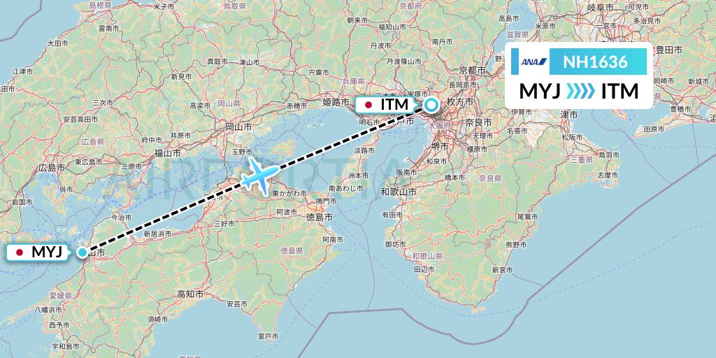 NH1636 All Nippon Airways Flight Map: Matsuyama to Osaka