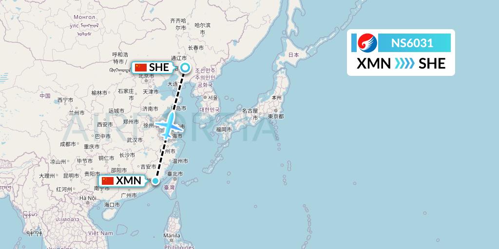 NS6031 Hebei Airlines Flight Map: Xiamen to Shenyang