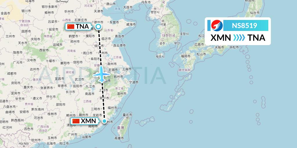 NS8519 Hebei Airlines Flight Map: Xiamen to Jinan