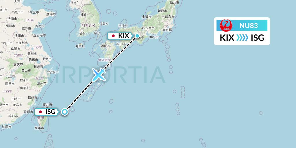 NU83 Japan Transocean Air Flight Map: Osaka to Ishigaki