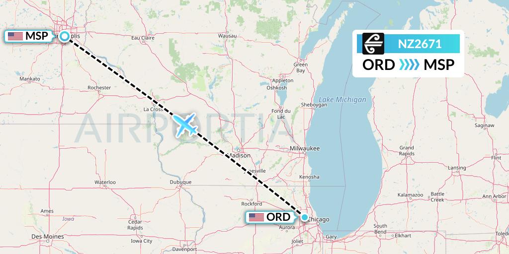NZ2671 Air New Zealand Flight Map: Chicago to Minneapolis