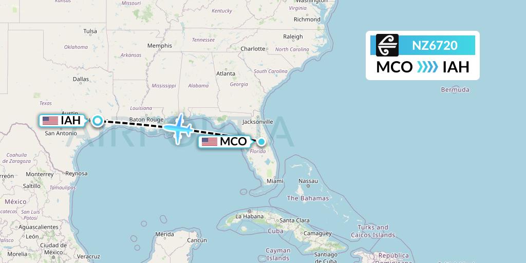 NZ6720 Air New Zealand Flight Map: Orlando to Houston