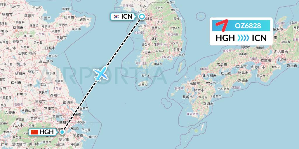 OZ6828 Asiana Airlines Flight Map: Hangzhou to Seoul