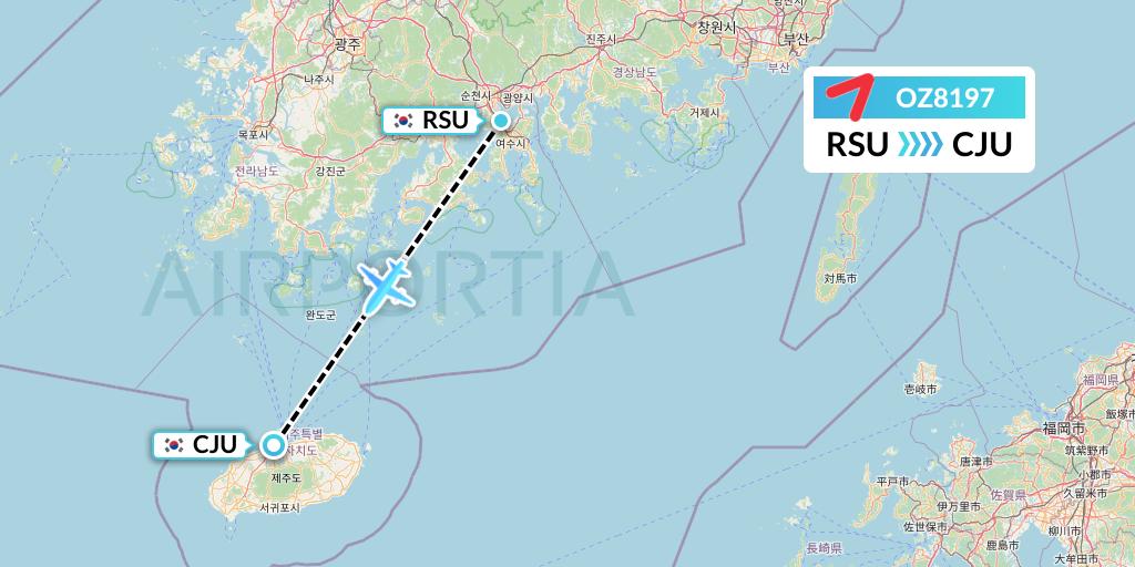 OZ8197 Asiana Airlines Flight Map: Yeosu to Jeju
