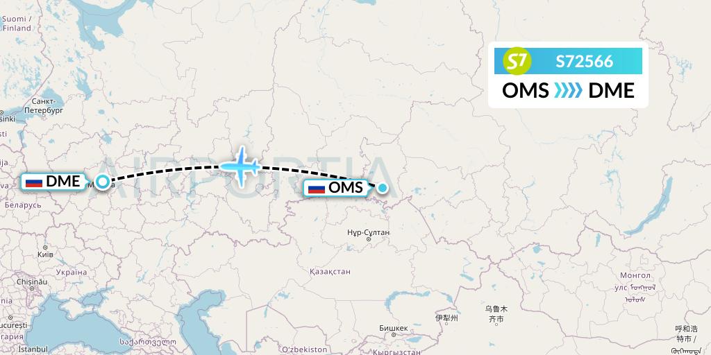 S72566 S7 Airlines Flight Map: Omsk to Moscow