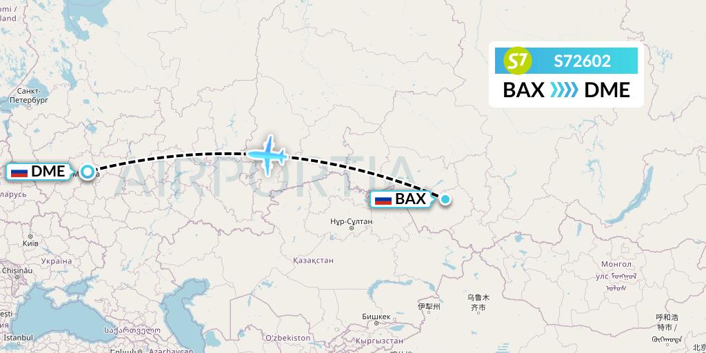 S72602 S7 Airlines Flight Map: Barnaul to Moscow