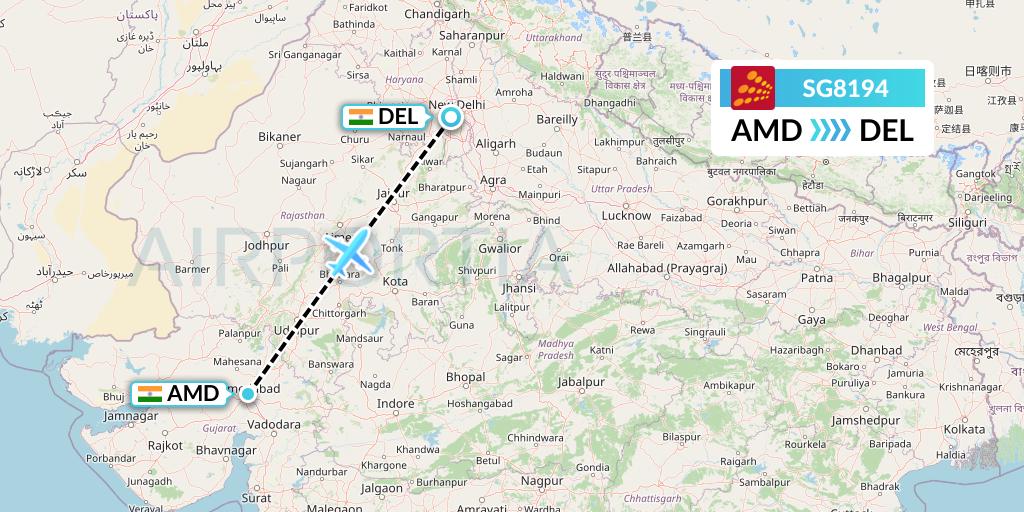 SG8194 SpiceJet Flight Map: Ahmedabad to Delhi