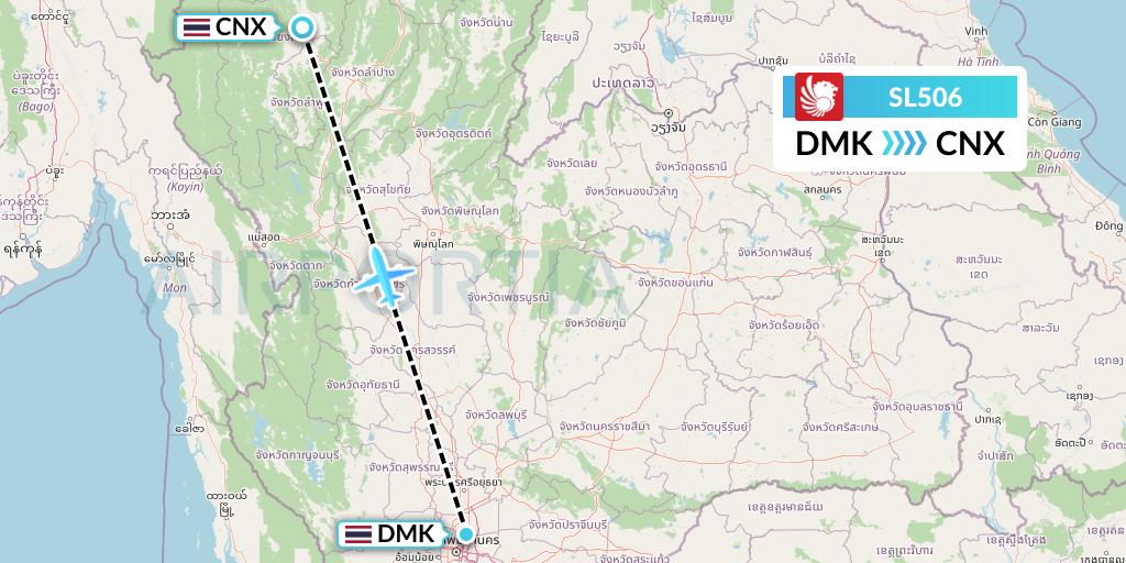 SL506 Thai Lion Air Flight Map: Bangkok to Chiang Mai