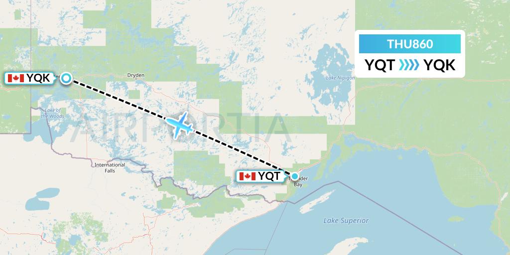 THU860 Thunder Airlines Flight Map: Thunder Bay to Kenora
