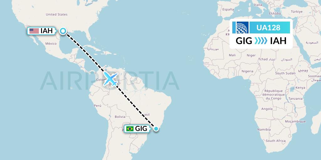 UA128 United Airlines Flight Map: Rio de Janeiro to Houston