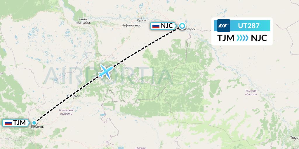 UT287 UTair Flight Map: Tyumen to Nizhnevartovsk