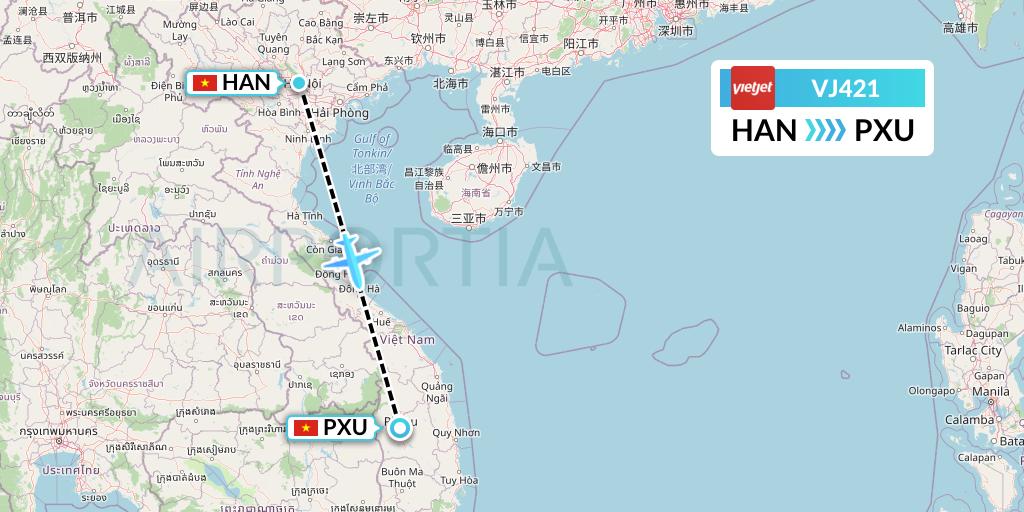VJ421 VietJet Air Flight Map: Hanoi to Pleiku