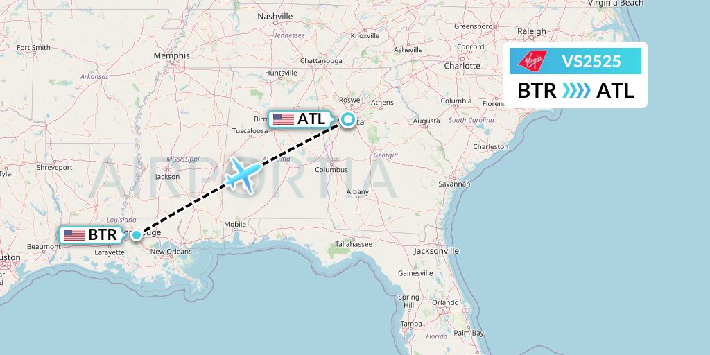 VS2525 Virgin Atlantic Airways Flight Map: Baton Rouge to Atlanta