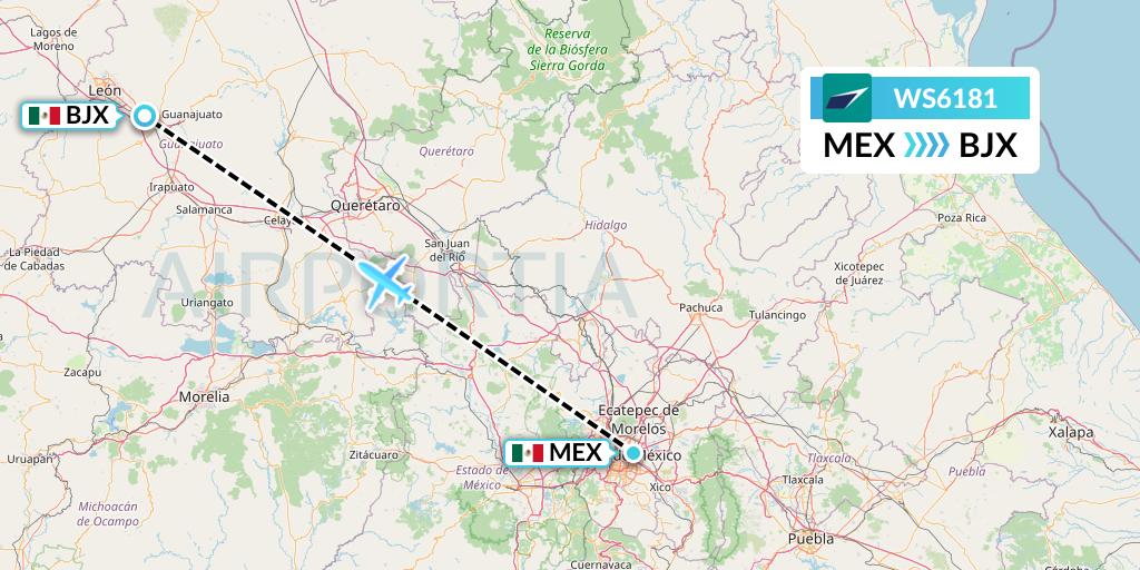 WS6181 WestJet Flight Map: Mexico City to Silao
