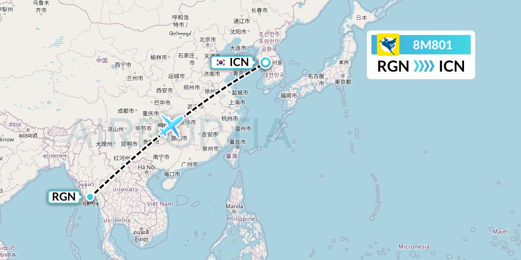 8M801 Myanmar Airways International Flight Map: Yangon to Seoul