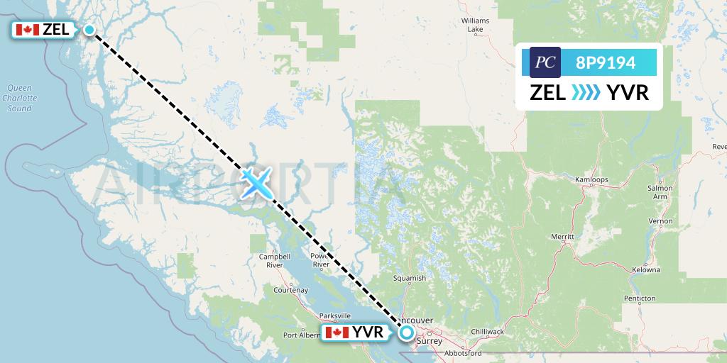 8P9194 Pacific Coastal Airlines Flight Map: Bella Bella to Vancouver