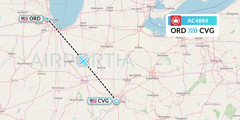 AC4884 Air Canada Flight Map: Chicago to Cincinnati