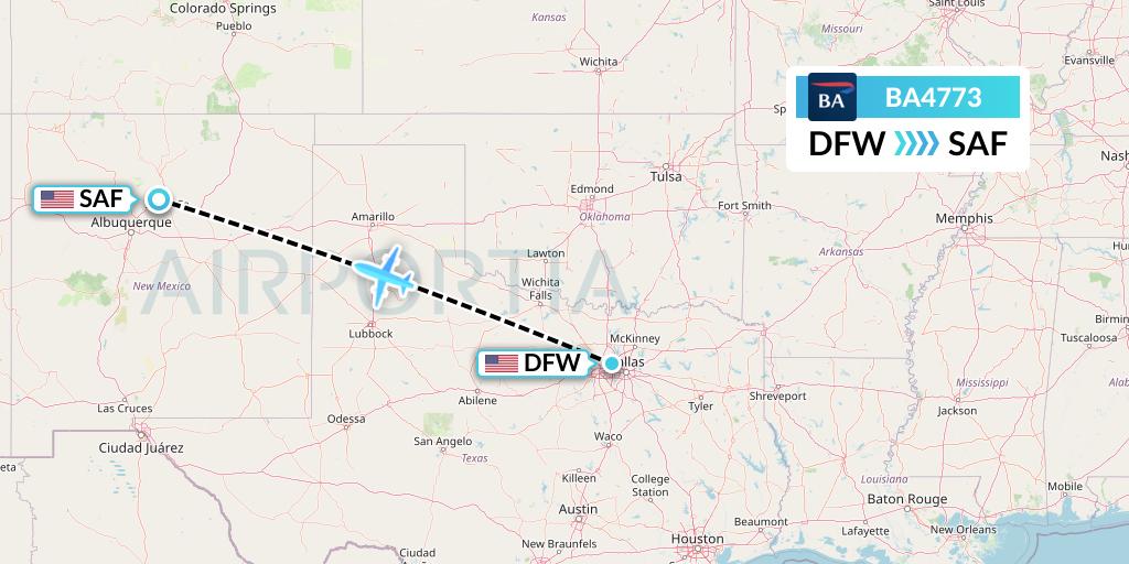 BA4773 British Airways Flight Map: Dallas to Santa Fe