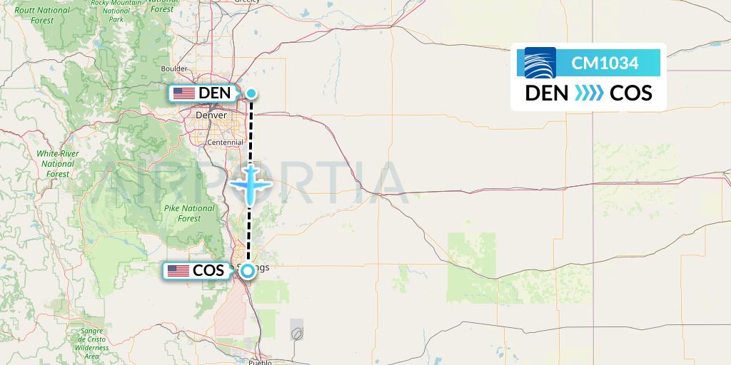 CM1034 Copa Airlines Flight Map: Denver to Colorado Springs