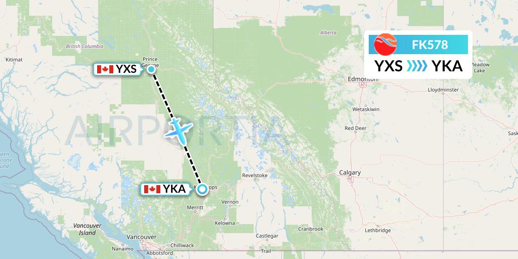 FK578 Kelowna Flightcraft Air Flight Map: Prince George to Kamloops