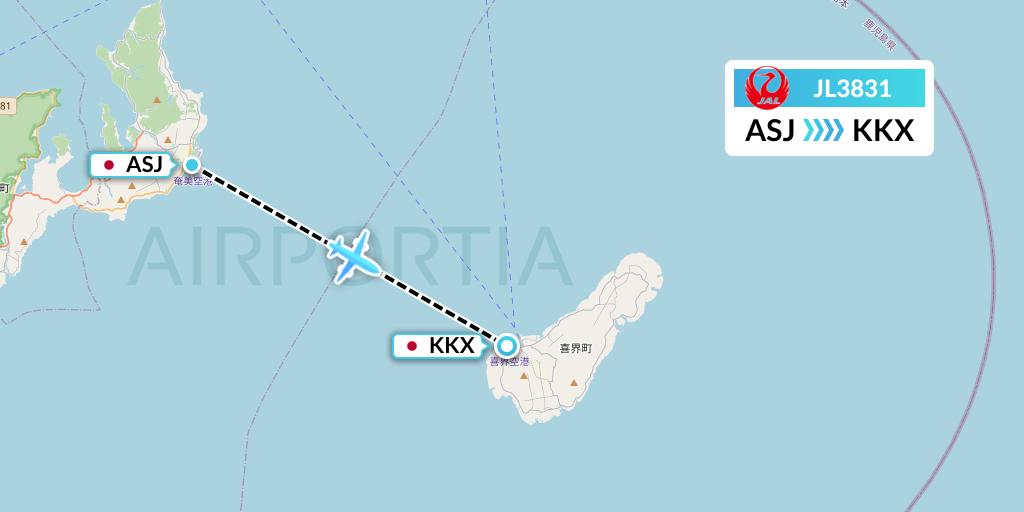 JL3831 Japan Airlines Flight Map: Amami to Japan