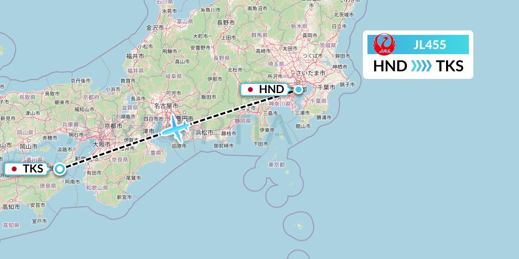 JL455 Japan Airlines Flight Map: Tokyo to Tokushima