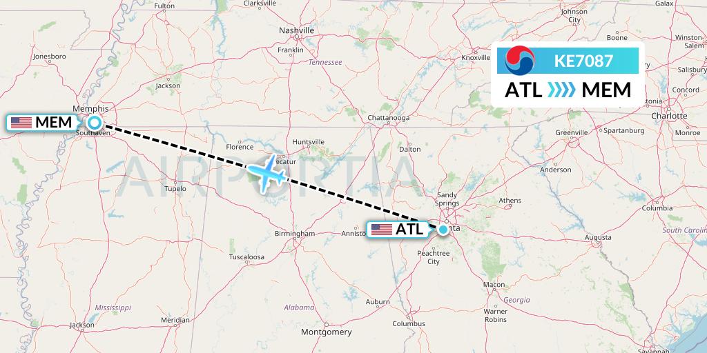 KE7087 Korean Air Flight Map: Atlanta to Memphis