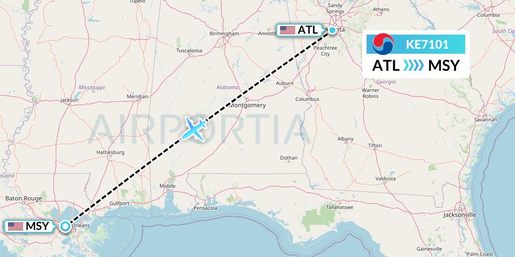 KE7101 Korean Air Flight Map: Atlanta to New Orleans