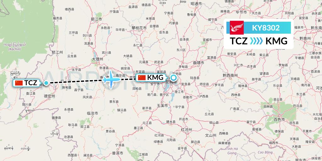 KY8302 Kunming Airlines Flight Map: Tengchong to Kunming