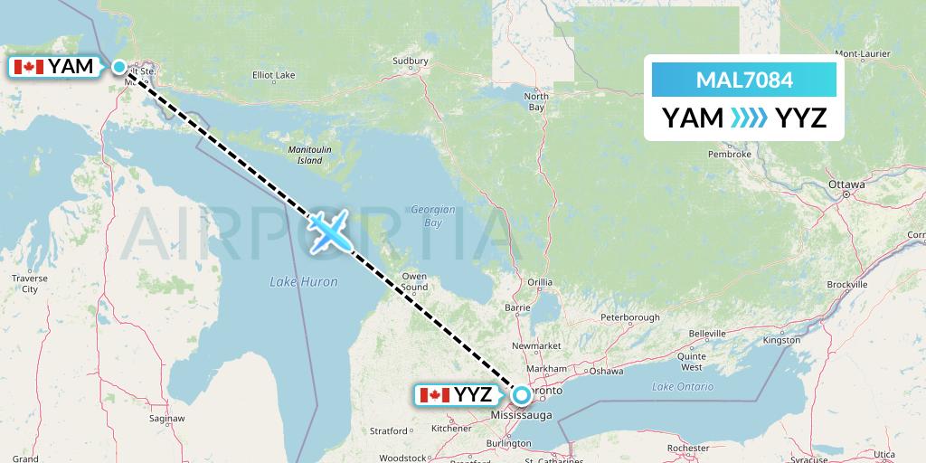 MAL7084 Morningstar Air Express Flight Map: Sault Ste. Marie to Toronto