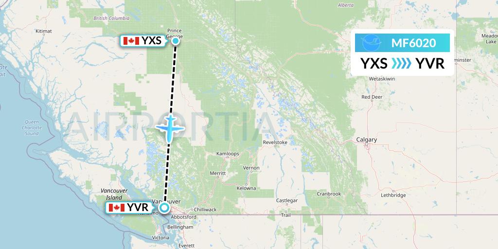 MF6020 Xiamen Airlines Flight Map: Prince George to Vancouver