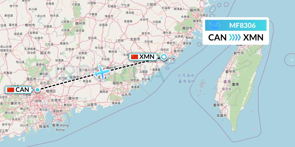 MF8306 Xiamen Airlines Flight Map: Guangzhou to Xiamen