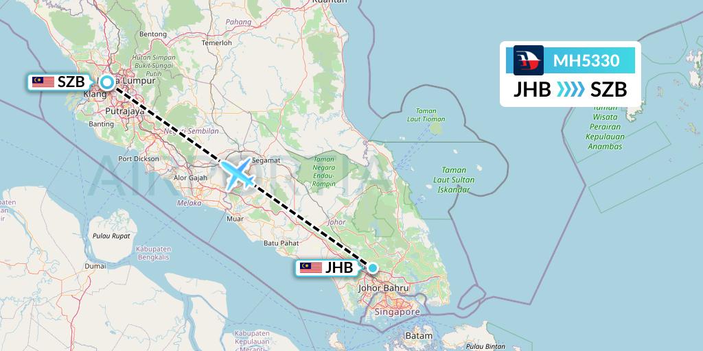 MH5330 Malaysia Airlines Flight Map: Johor Bahru to Kuala Lumpur