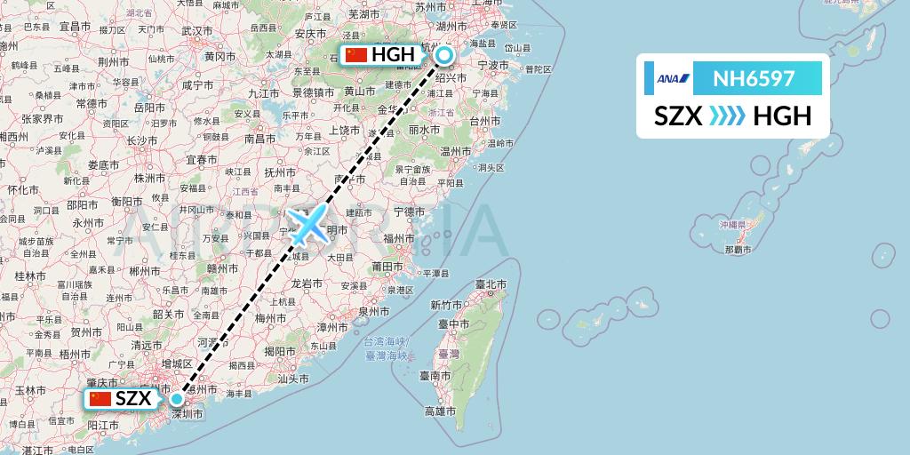 NH6597 All Nippon Airways Flight Map: Shenzhen to Hangzhou