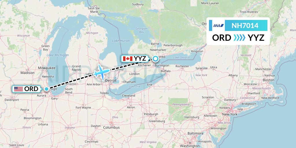 NH7014 All Nippon Airways Flight Map: Chicago to Toronto