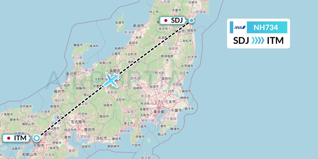 NH734 All Nippon Airways Flight Map: Sendai to Osaka