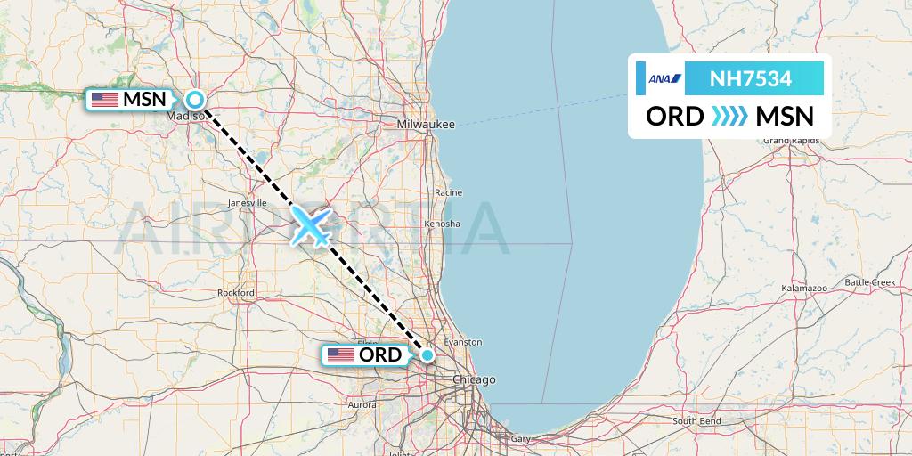NH7534 All Nippon Airways Flight Map: Chicago to Madison