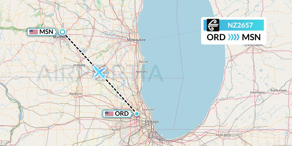 NZ2657 Air New Zealand Flight Map: Chicago to Madison