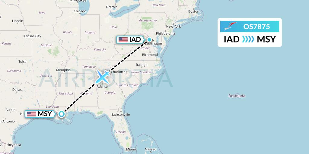 OS7875 Austrian Airlines Flight Map: Washington to New Orleans